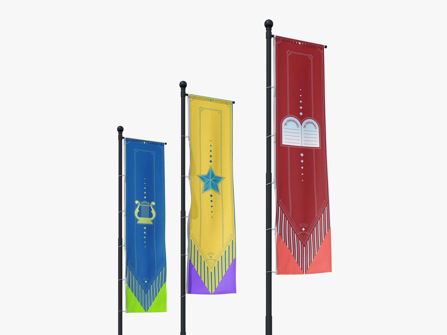 현장 게양 컷 1 — 다윗(파랑) / 사무엘(노랑) / 모세(빨강) 깃발이 게양봉에 걸린 모습. 1000×4000mm 세로 깃발 형식, 상단 점선 도트와 하단 V형 컬러 테일이 공통 그래픽.