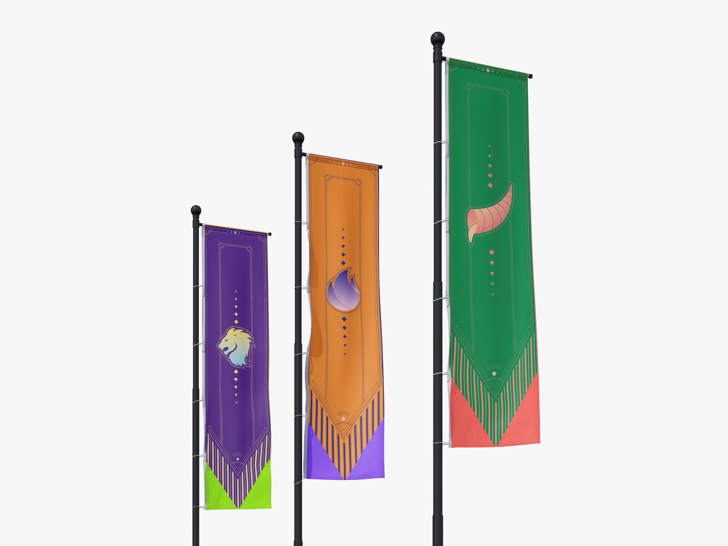 현장 게양 컷 2 — 다니엘(보라) / 엘리야(주황) / 요셉(초록) 깃발 게양 컷. 같은 깃발 시스템 위에서 컬러와 메인 모티브만 갈라져 6팀 정체성을 한눈에 구분.