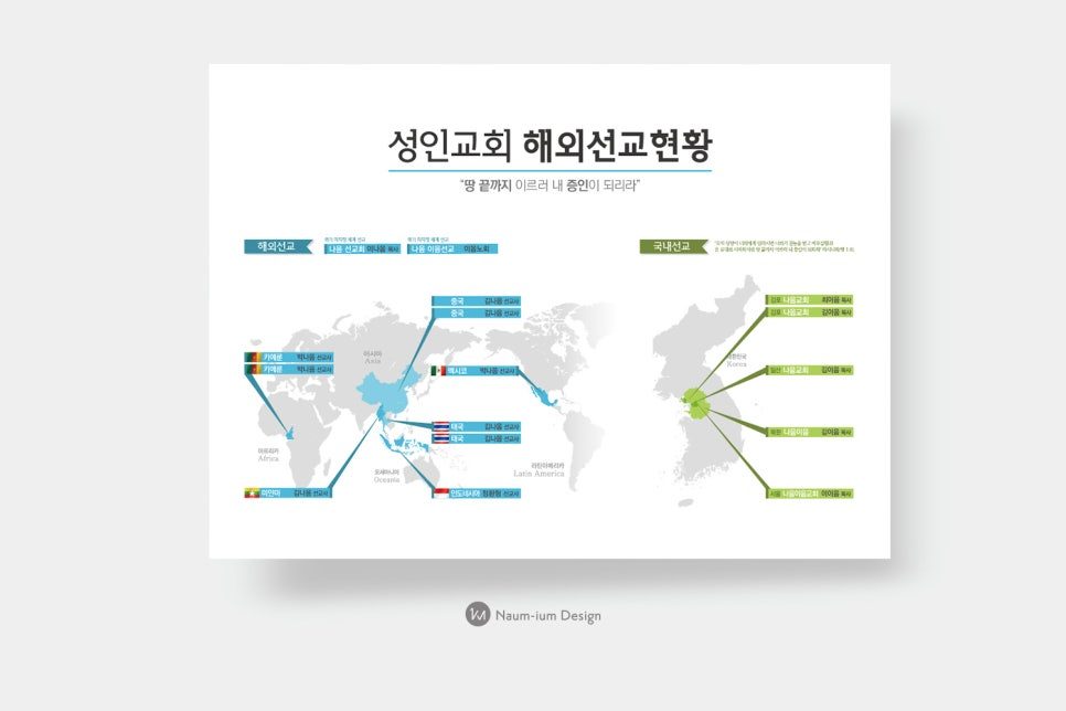 성인교회 국내외 선교 현황을 지도로 시각화한 선교게시판 디자인