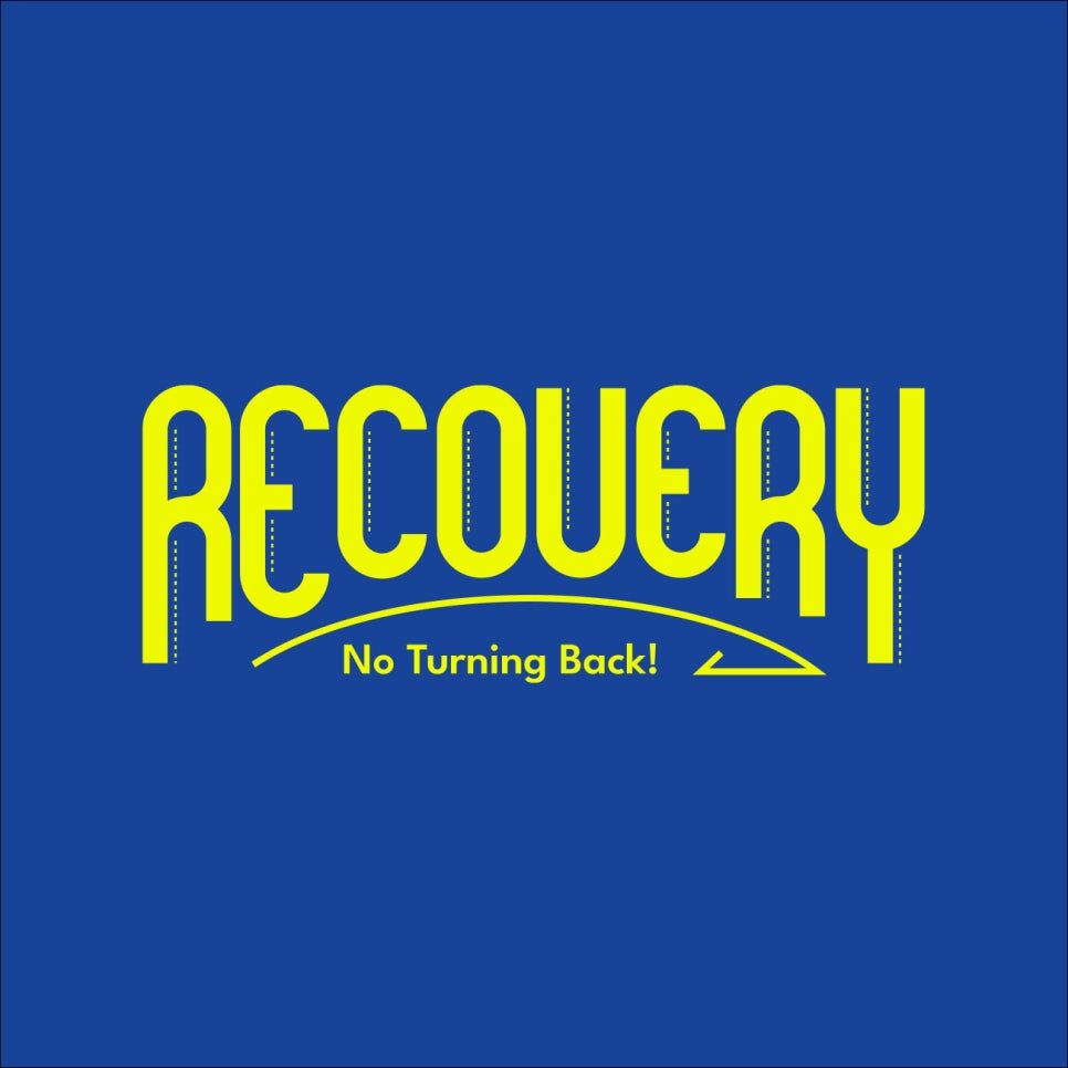 파란 배경에 노란 텍스트, RECOVERY 로고 디자인