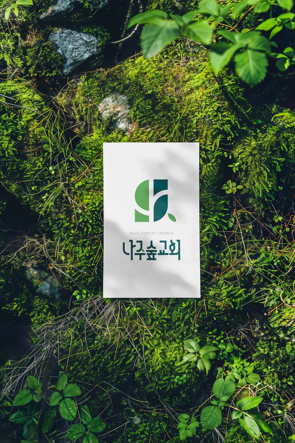 숲 바닥 위 세로 카드 — 이끼의 초록과 심볼의 초록이 한 화면에서 만납니다.
