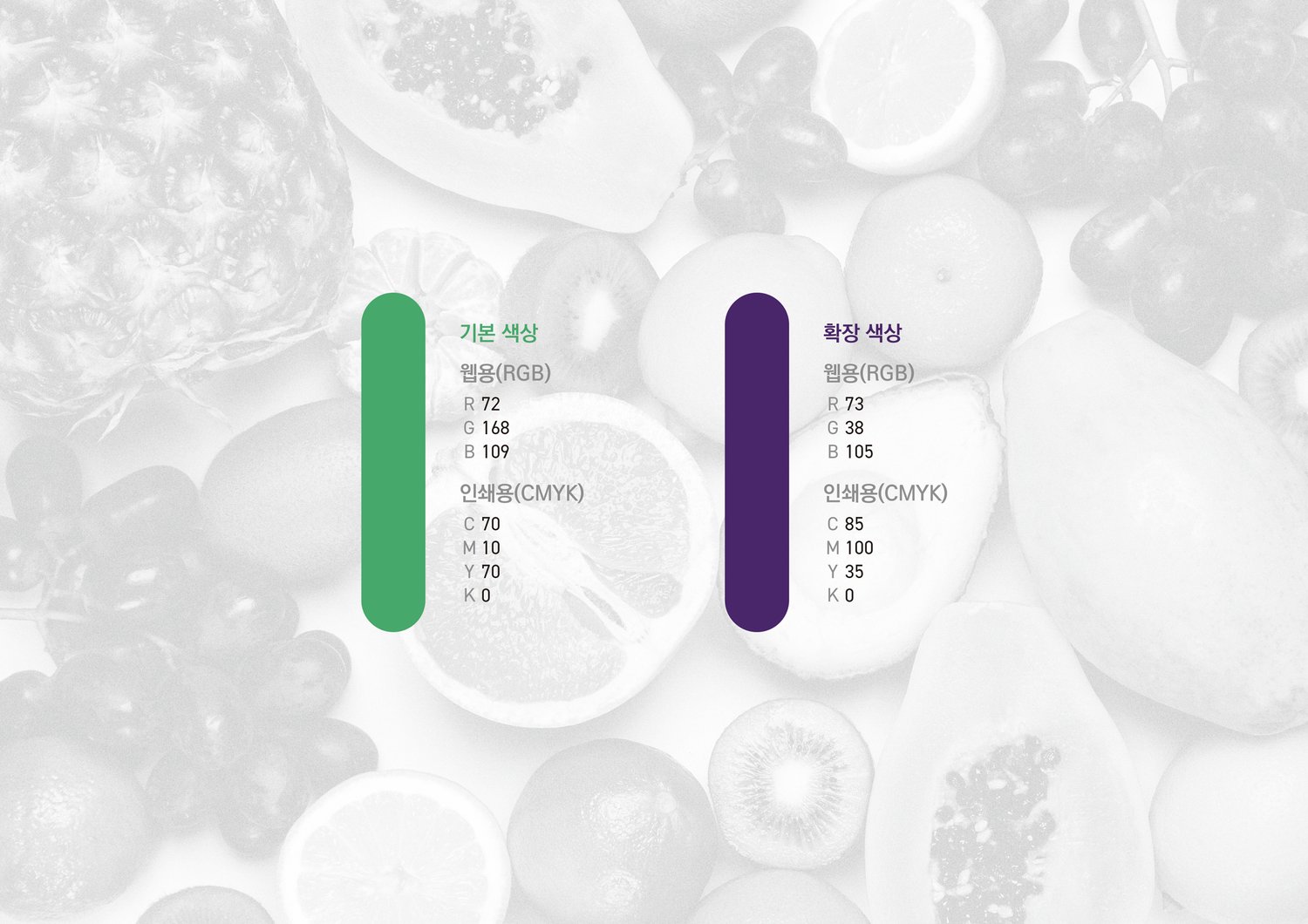 색상 가이드 — 기본 그린과 확장 퍼플의 RGB·CMYK 값을 문서로 정리했습니다.