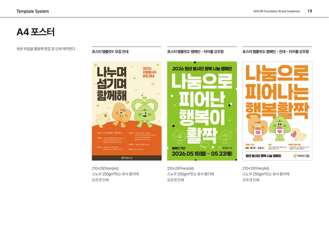 재단법인 나섬 브랜드 가이드라인 19쪽의 A4 포스터 지면. 포스터 템플릿1 모집 안내, 포스터 템플릿2 캠페인·타이틀 강조형, 포스터 템플릿3 캠페인·안내·타이틀 강조형이 나란히 실려 있고 각 포스터 아래에 판형과 종이와 인쇄 방식이 적혀 있다.